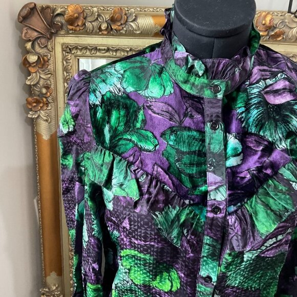 Sandro Floral Ruffle Button-Up Shirt Blouse Long Sleeve Collared Size 0 Green - Picture 4 of 5